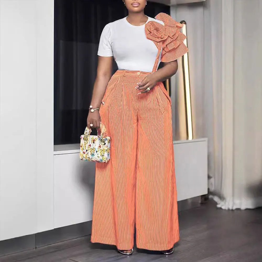 Women's Striped Trousers Suit Short-sleeved O-neck T-shirt Short Flower Vacation Fashion Simple Summer New Style 2-piece Set