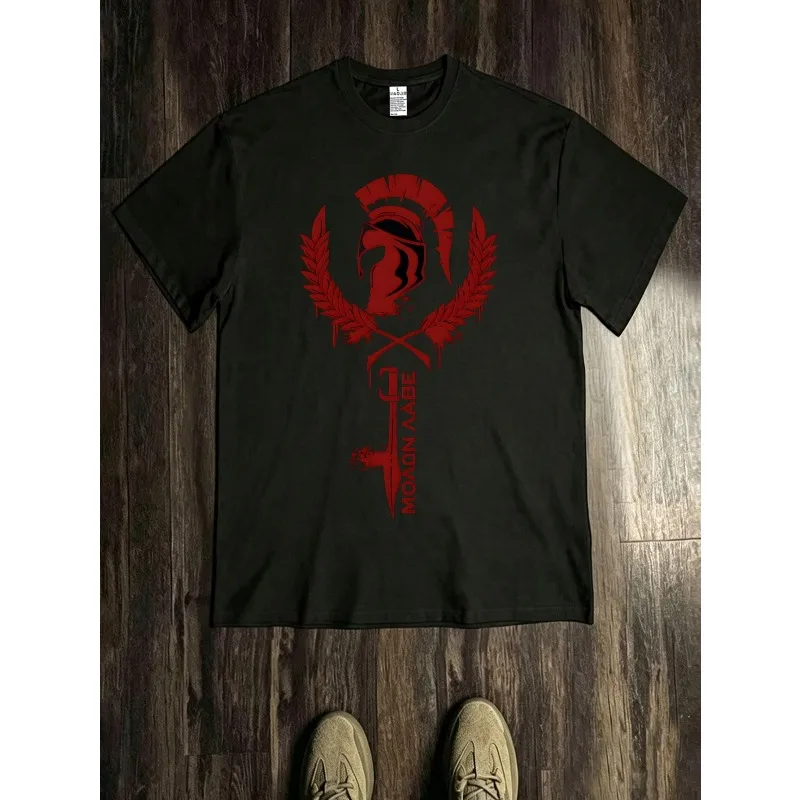 Men's New T-shirt Red Spartan Helmet Wheat Ear Sword Print T-shirt Suitable for All Seasons Unisex Trendy Y2K T-shirt
