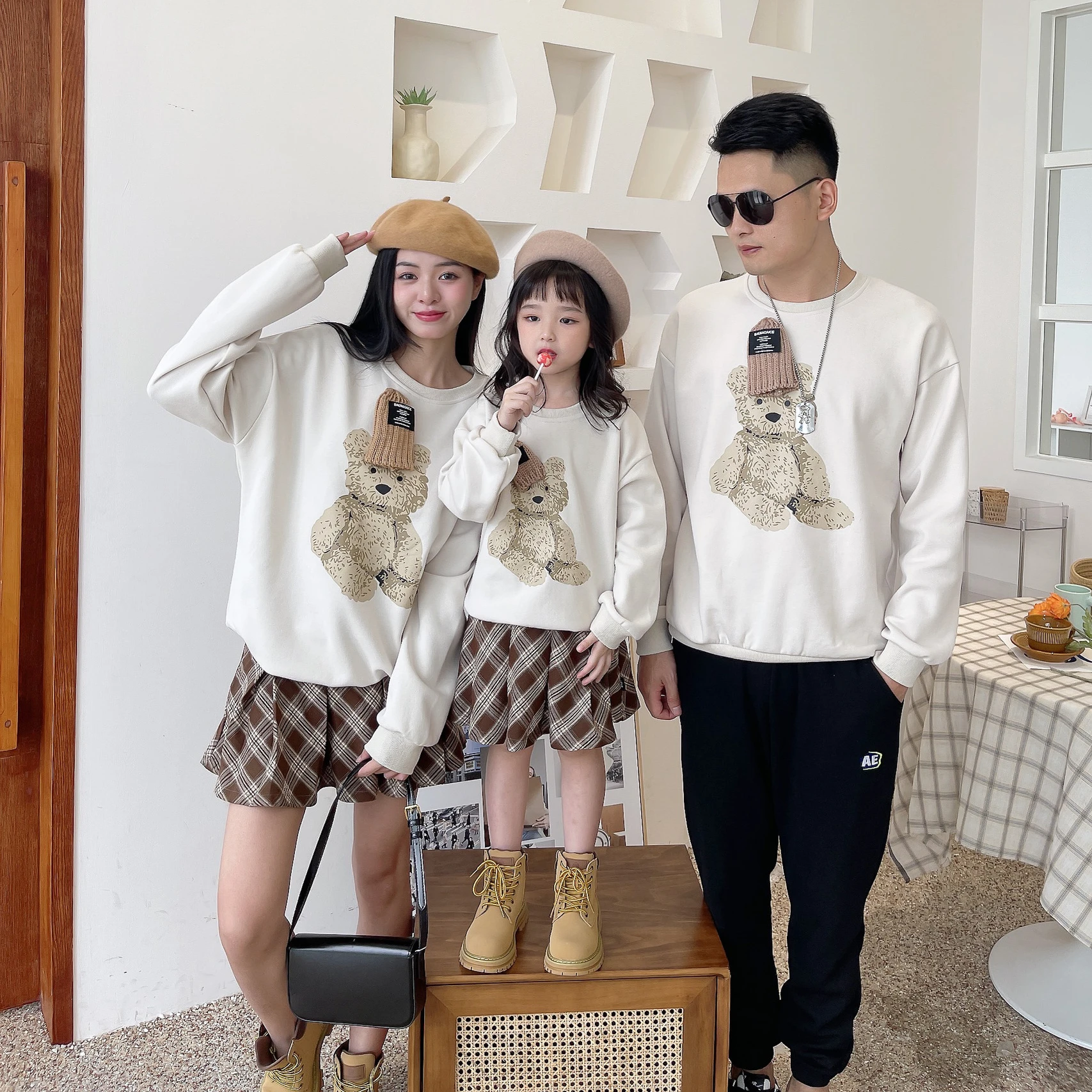 2023 Same Clothes For The Whole Family Fashion Mother Daughter Sweatshirt+Plaid Skirt Outfits Dad Son Hoodies Top Women Girl Set