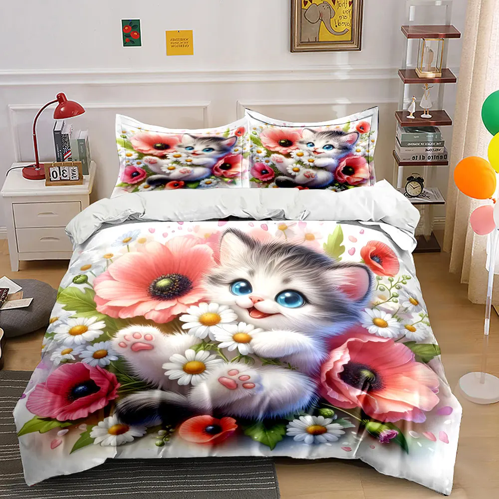 Adorable kitten amid vibrant flowers Print Bedding Set 1Duvet Cover 2 Pillowcases for Adult and Children Luxury Gift Full Size
