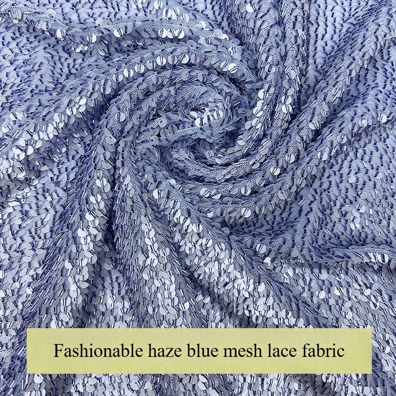 

Fashionable haze blue mesh lace fabric, African sequined embroidery fabric, Nigerian wedding dress sewing fabric, high quality