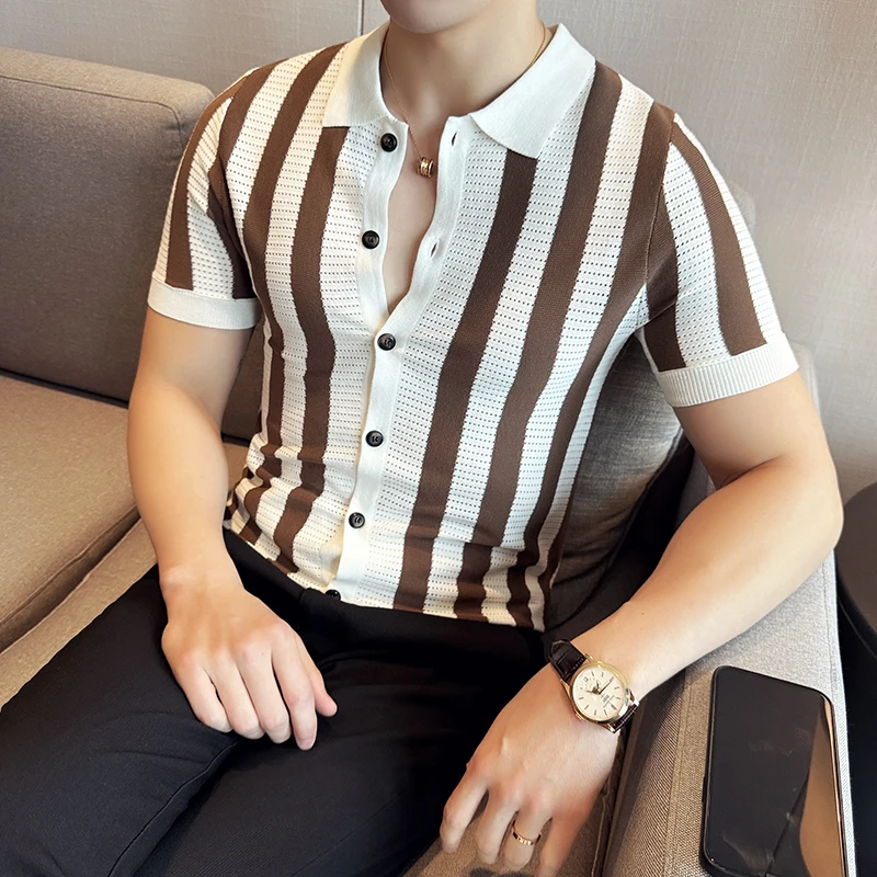 

2024 The Latest Men Shirt Lapel Short-sleeved Sweater Fashion Color Contrast Stripes Mens Summer Slim Casual Business Social Top