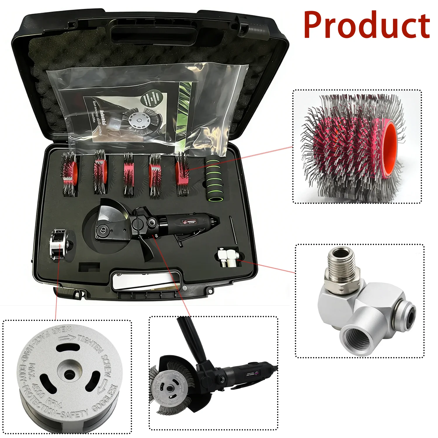 Pneumatic Bristle Blaster Kit - Air Powered Rotary Tool , 3500 RPM, 0.7 HP, with 5PCS Brush Wheel for Automotive, Marine Use