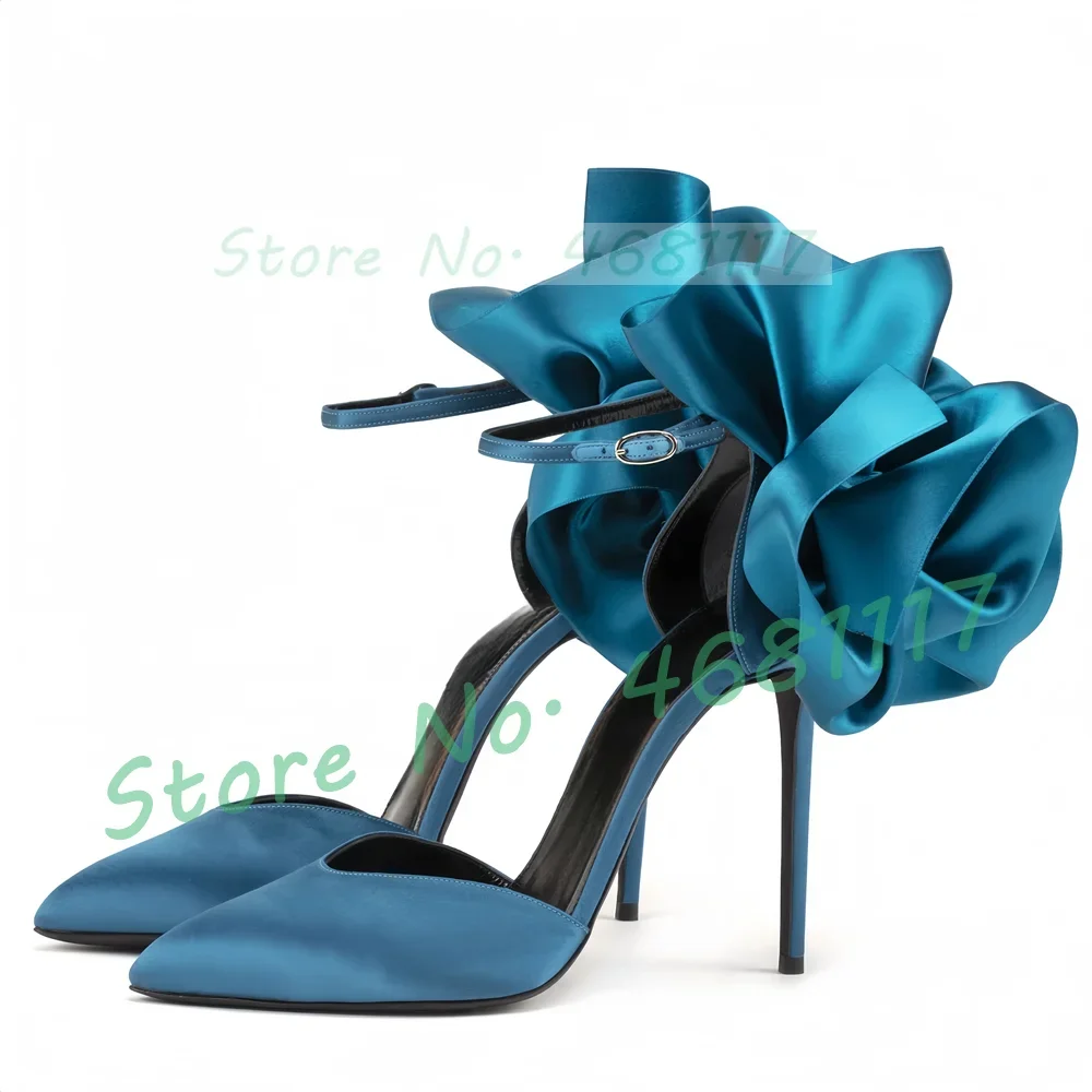 

Blue Flower Decal Satin Sandals Women Stylish Ruffles Pointed Toe Party Shoes Female Large Size Summer Buckle Ankle Strap Shoes