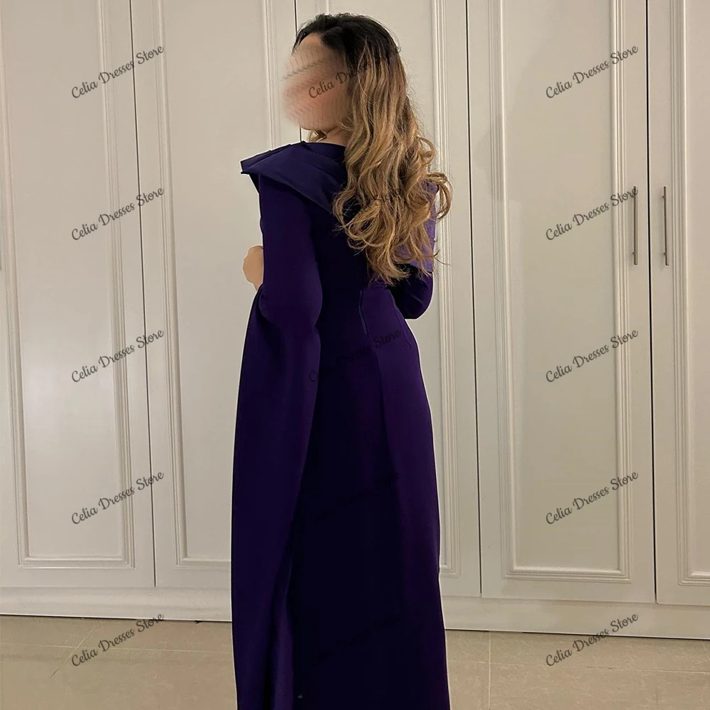 Customized Formal Purple Jersey Ribbons Evening Dresses Ankle Length Crew Neck Flare Sleeves Straight Zipper Back Long Sleeves