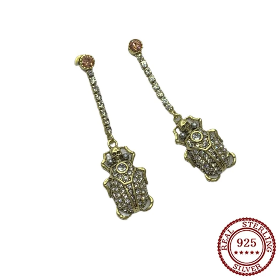 

2025 New Trend Classic Beetle Full Diamond Skull Long Earring with Female Personality Tassel Pendant Earring