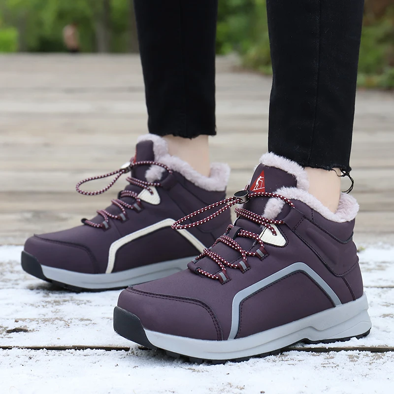 

Женские походные ботинки с глубокой протекторной подошвой, шерстяная подкладка, уличная модная треккинговая зимняя обувь для женщин, обувь