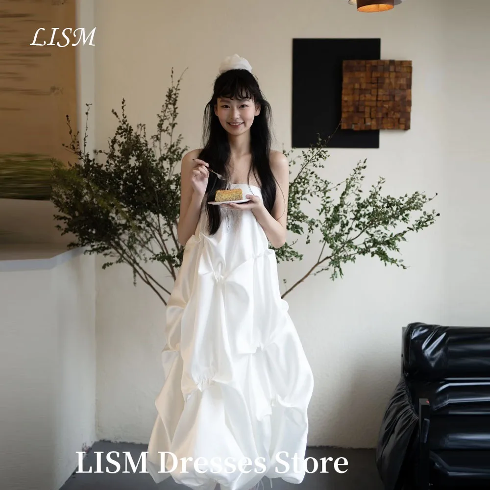 LISM Sweet Korea A-Line Wedding Dresses Photo Shoot Strapless Satin Ankle-Length Birthday Party Dresses 웨딩드레스 Customized