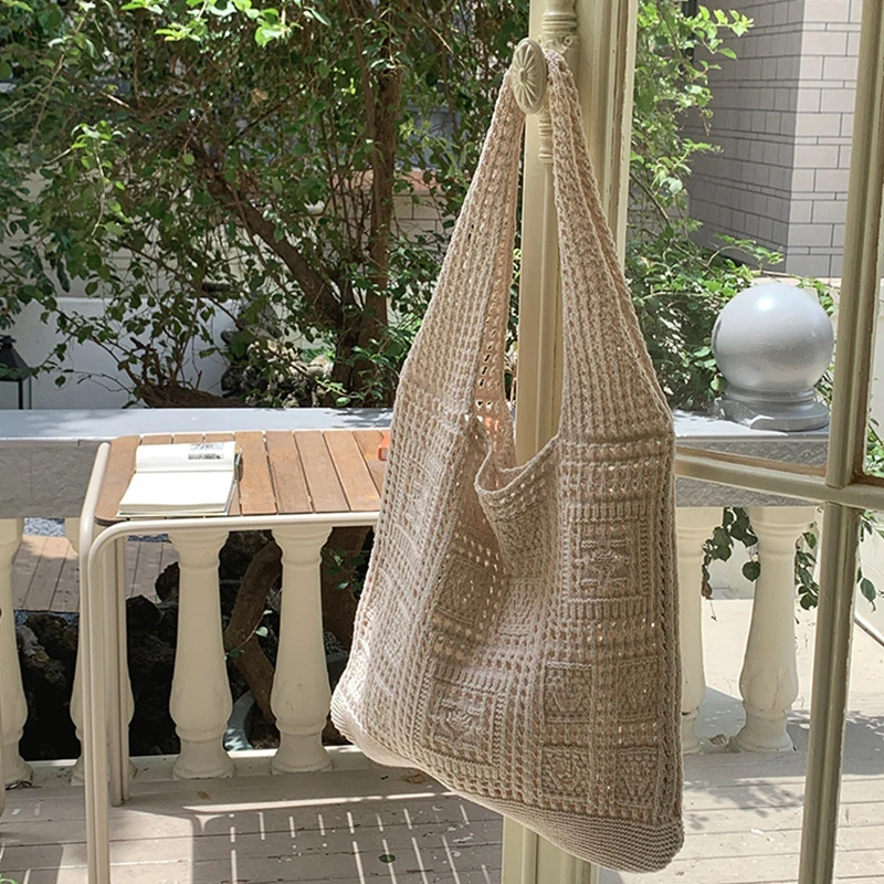 

Simple Crochet Tote Bags Fashion Hollow Knitted Women's Bags Casual Female Shoulder Bags Ladies Shopping Top-Handle Bags Handbag