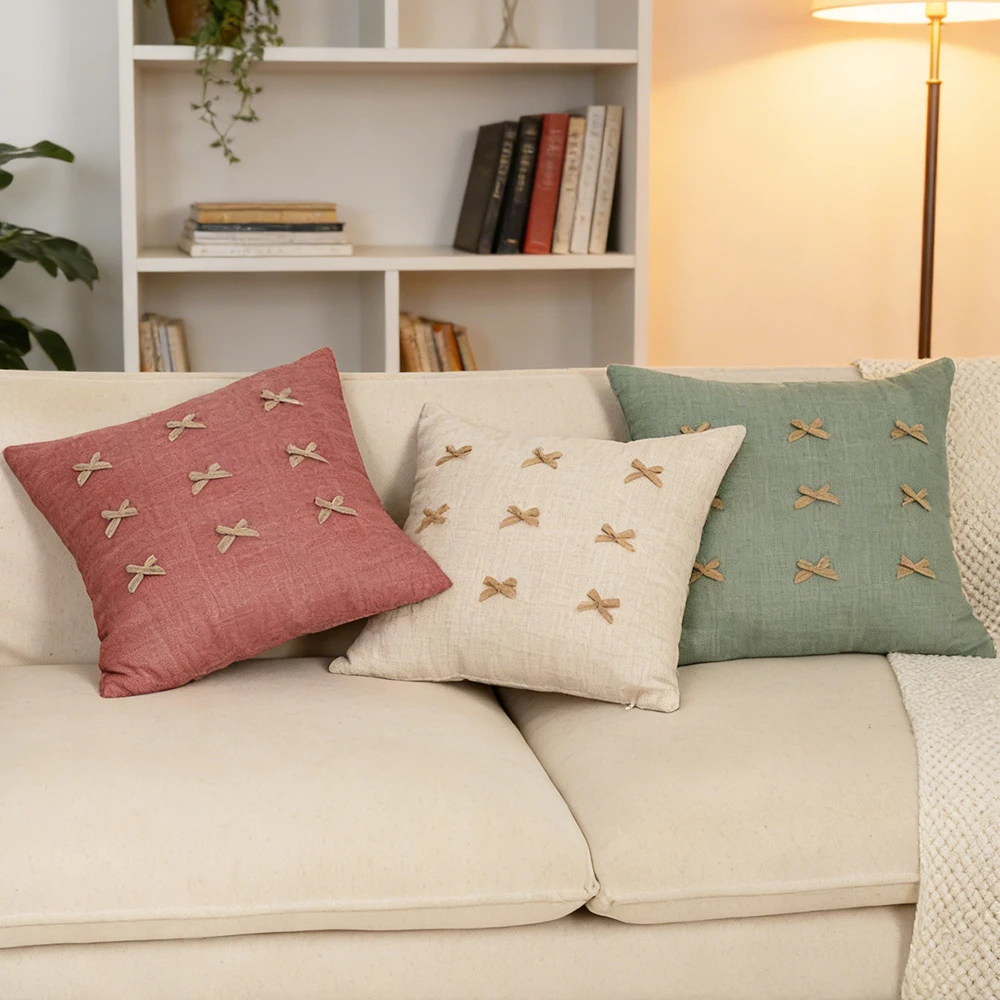 BUYNOW 1PC Retro Solid Color Pillowcase Bowknot Decorative Pillow Covers for Country Cottage Living Room Sofa Home Bedroom Decor
