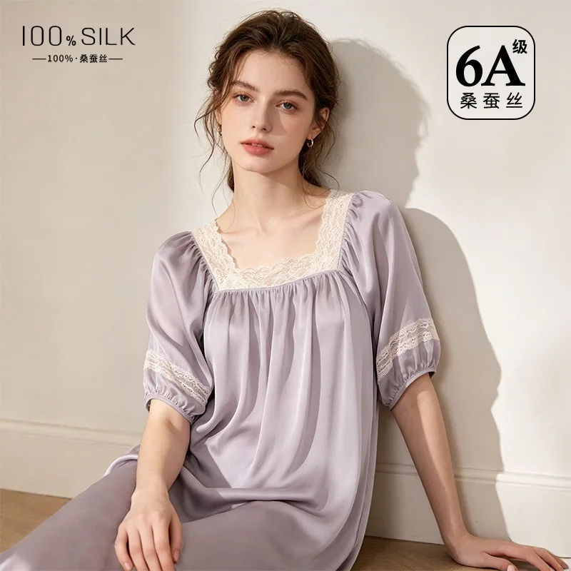 Women Summer French Princess Nightgown 100% Mulberry Silk Square Neck Lantern Sleeve Night Dress with Built-in Chest Pads