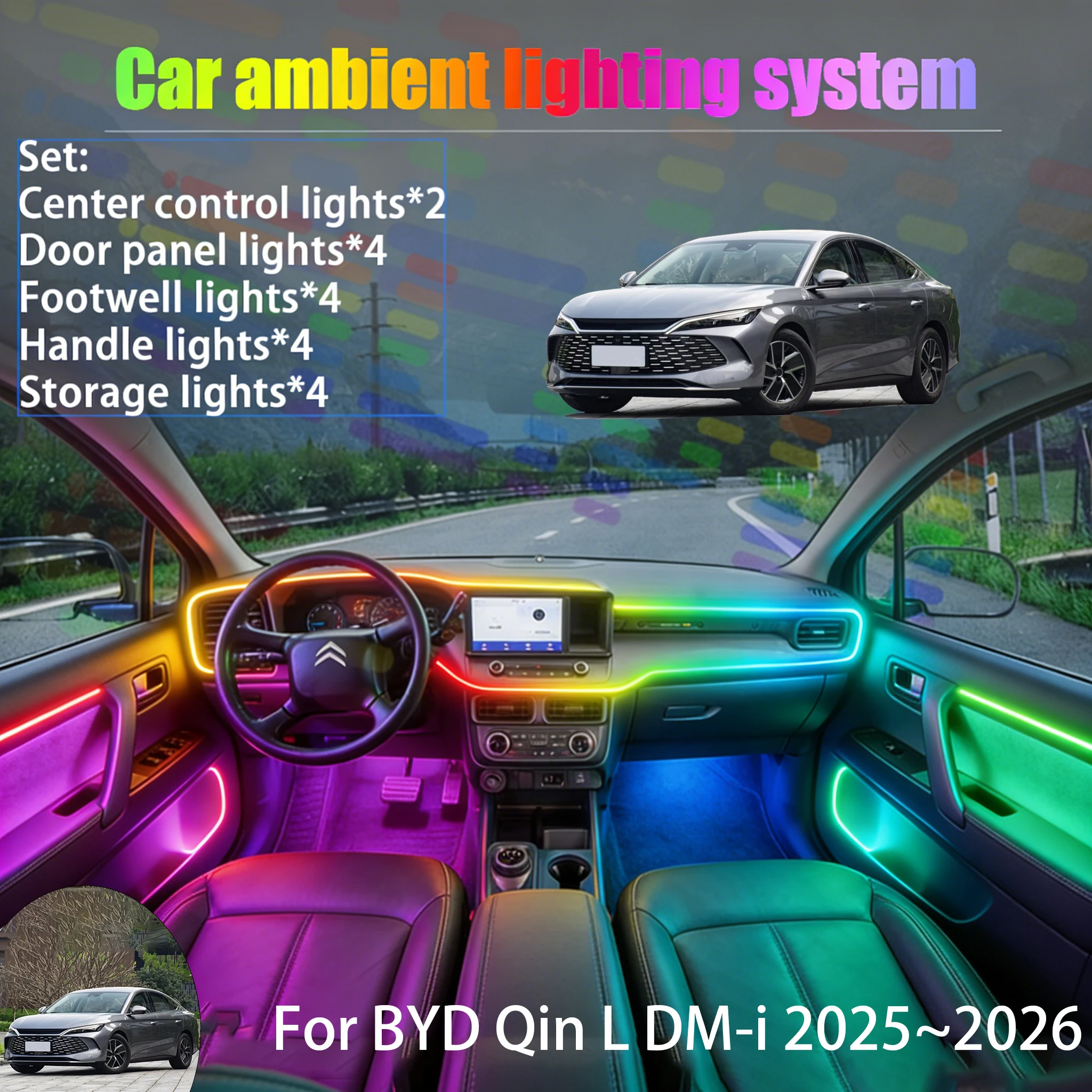 

For BYD Qin L DM-i 2025~2026 2/18 in 1 Car ambient lighting Led trunk interior led lights USB RGB Ensemble Streamer Auto Parts