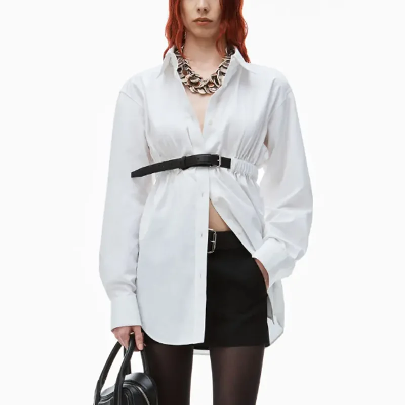 

SuperAen 2024 Spring New Fashion Style Waist Belt Design Sense Long Sleeved Shirt Women's Commuter Mid Length Shirt