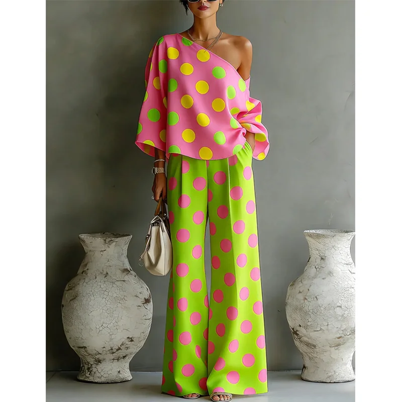 

New Color Wave Point Women Summer Two Piece Set Slant Shoulder Open Back Top+High Waist Wide Leg Pants Set Vacation Suit