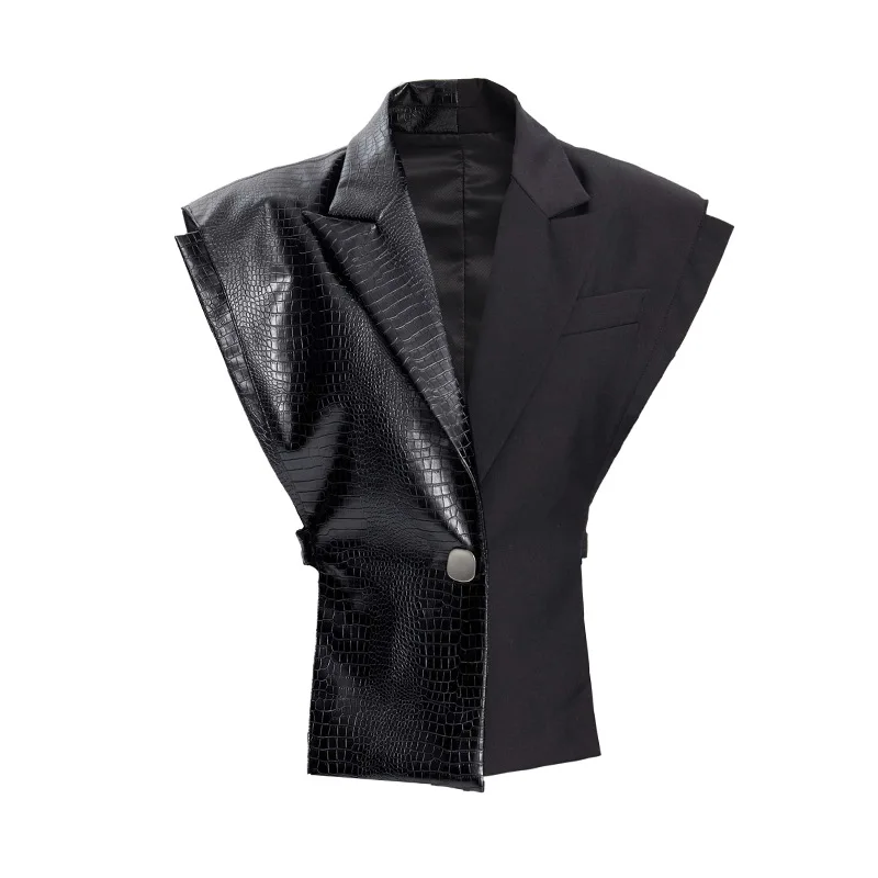Women Faux Leather Patchwork Single Breasted Slim Vest Black Spring Autumn Slim Streetwear Belted Jacket Vest