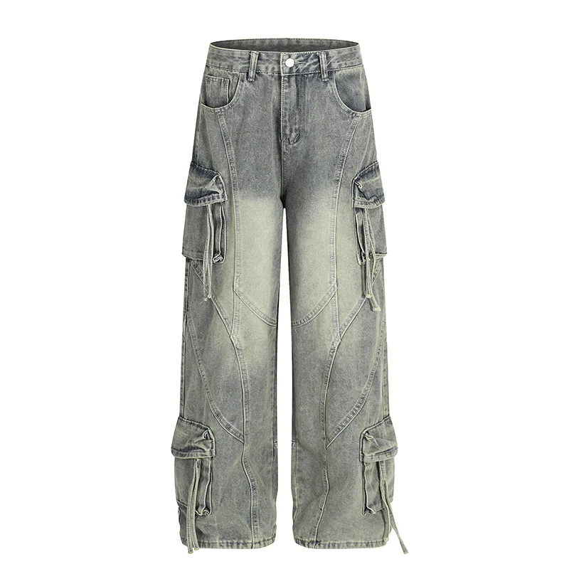 

Hi Street Cargo Casual Jeans Pants Multi Pockets Streetwear Washed Denim Trousers For Male Patchwork