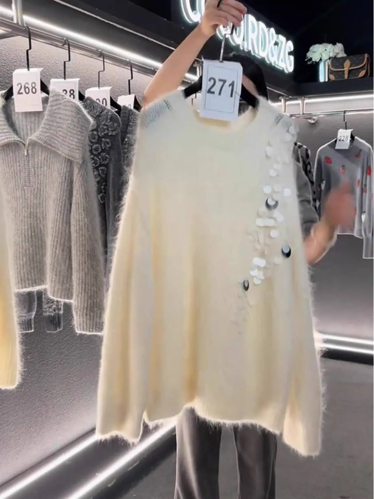 Elegant Lazy Style Grey Sequin Sweater Women's Loose Knitted Top Autumn Winter Full Sleeve Solid Color Wool Pullovers F325