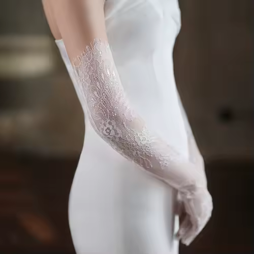 WG054 Wedding Bridal Long Gloves Eyelash Edge Lace Appliqed Finger Bride Handschuh White Gloves Women Prom Opera Gloves - Image 2
