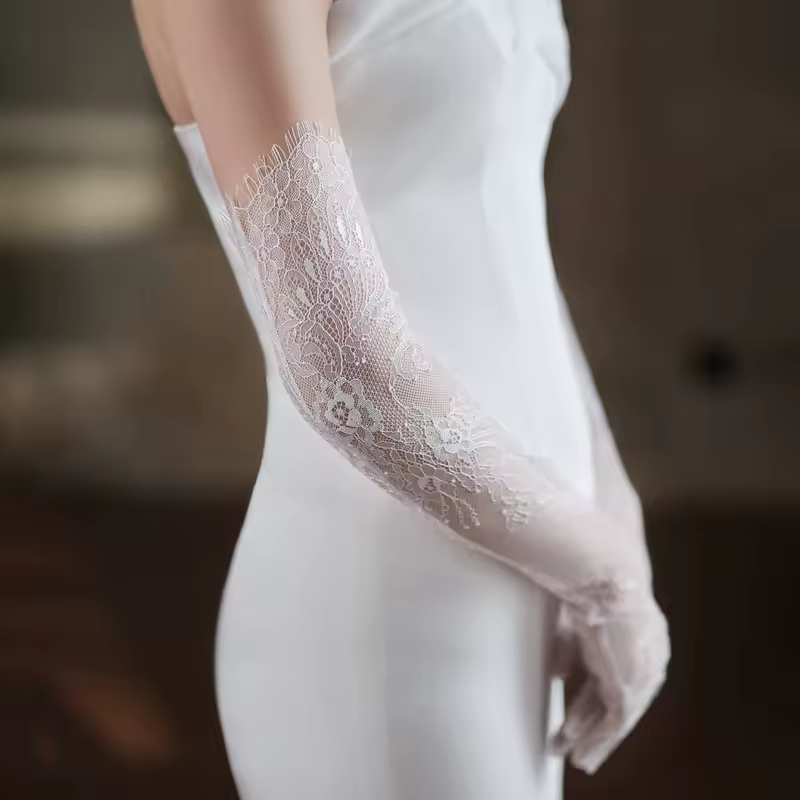WG054 Wedding Bridal Long Gloves Eyelash Edge Lace Appliqed Finger Bride Handschuh White Gloves Women Prom Opera Gloves - Image 2