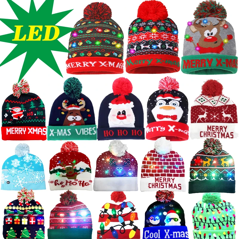 New Style! LED Christmas Hat Beanie Light Up Illuminate Warm Hat 48 Patterns New Year  Snowman Sweater Hat Christmas Decorations