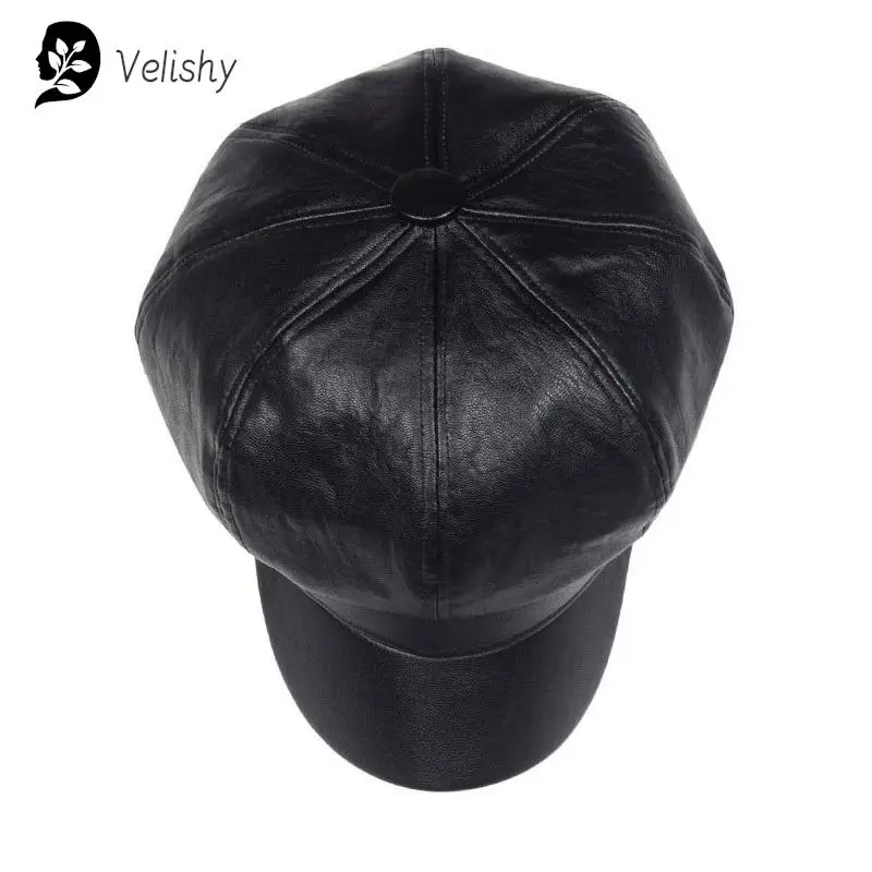 Unisex PU Leather Caps for Black Flat Top Captain Cap Travel Cadet Hat