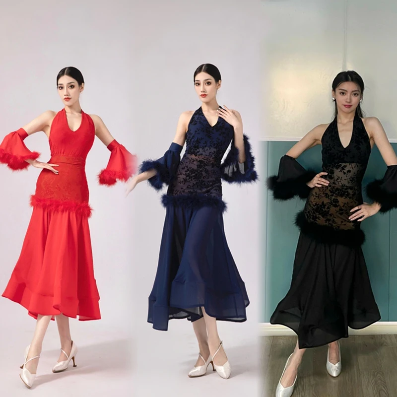 

New Ballroom Dance Clothes Women Adult Performance Costume Club Prom Dress Waltz Dance Wear Red Black Competition Dress BL13391