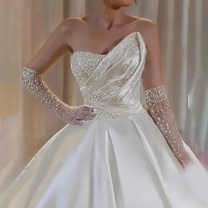Customized Ruched Strapless NO Golve Bridal Gown Satin Wedding Dress Pleats Princess Bride Dress Vestidos De Novia