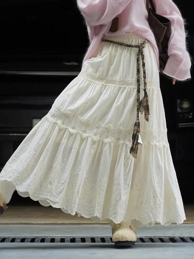 High Elastic Waist Beige Yellow Lace Hollow Out A-line Half-body Skirt Women Fashion Tide New Spring Autumn