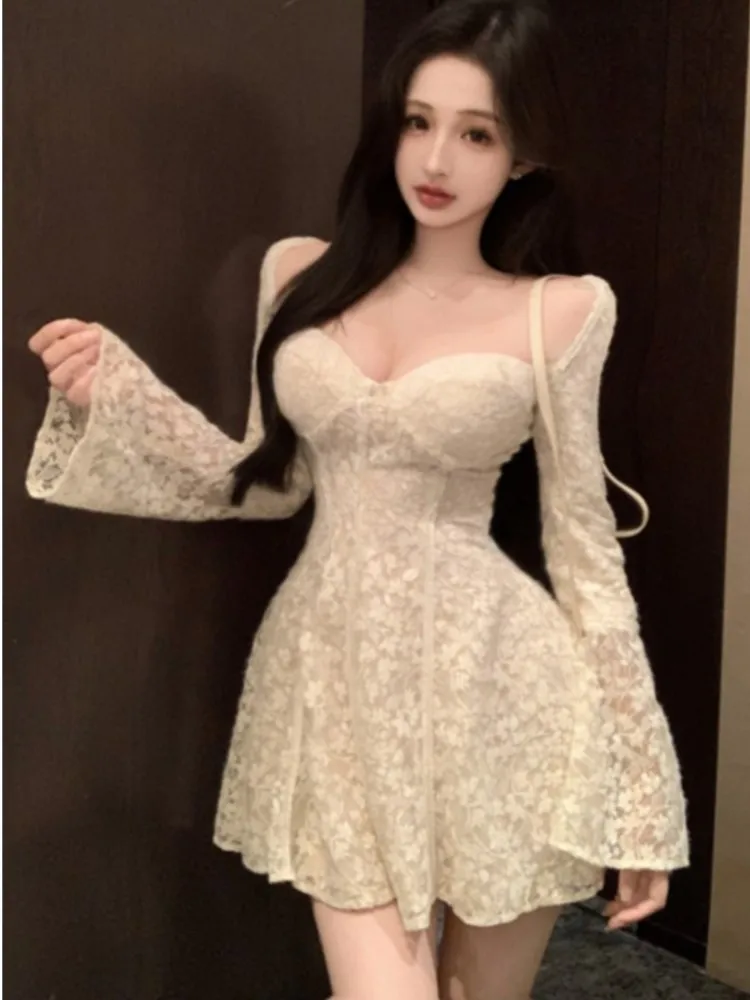 

Sexy Backless Lace Mini Dress for Women Elegant Solid Flare Sleeve V-neck Party Dresses Spring Autumn A-line Prom Vestidos Chic