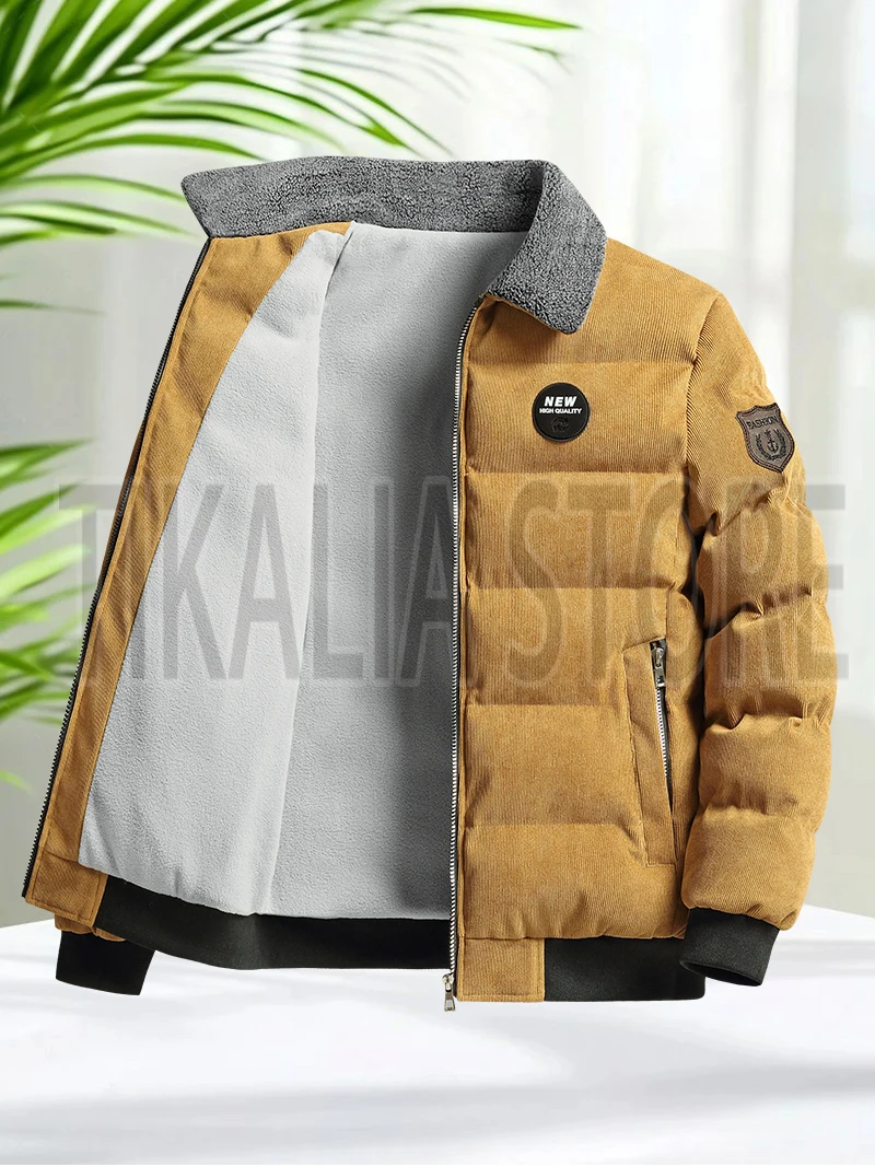 

Mens Corduroy Sherpa Lined Jacket Cotton Padded Winter Coat with Fleece Collar Yellow Thick Insulated Parka for Cold Weather