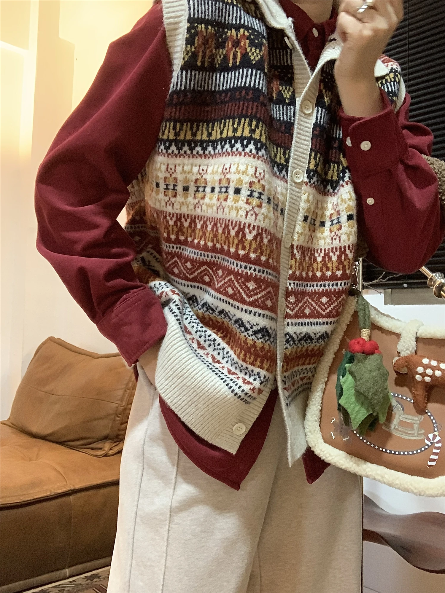 

QinEition Vintage Wool Knitted Sweater Women's High Collar Layering Top Loose Fit Long Sve Polyester Acrylic Fiber