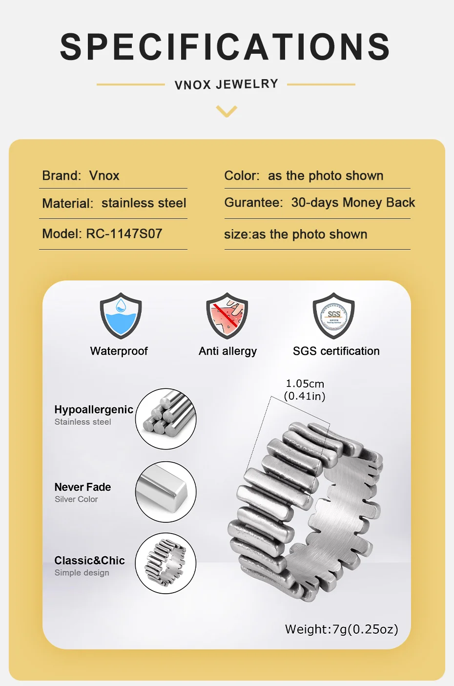 Vnox 10,5 mm breiter Zahnradbandring aus Edelstahl, silberfarben, verblasst nicht, hypoallergen, wasserdicht, Punk-Schmuck für Männer, Größe 7–11 – Detail 5