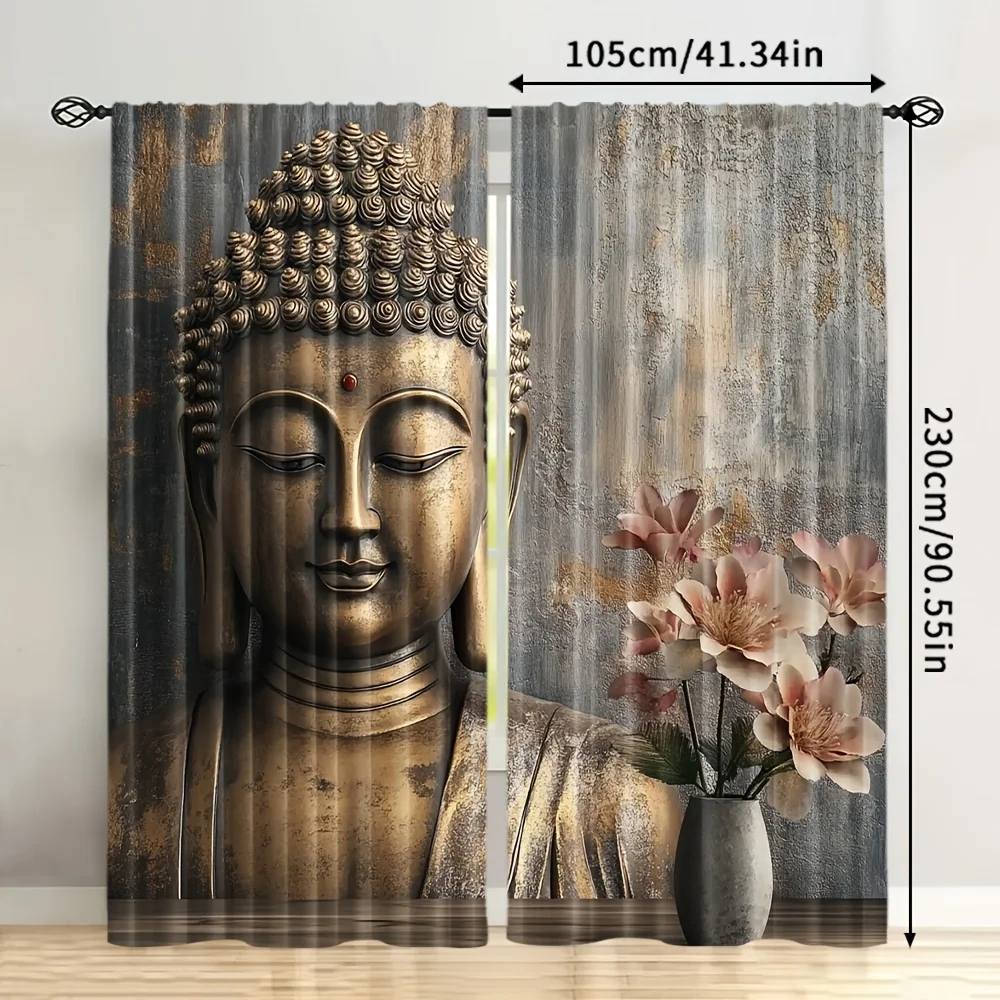 2pcs peaceful Buddha face curtain with golden statue and floral design for living room privacy and decor spiritual zen style