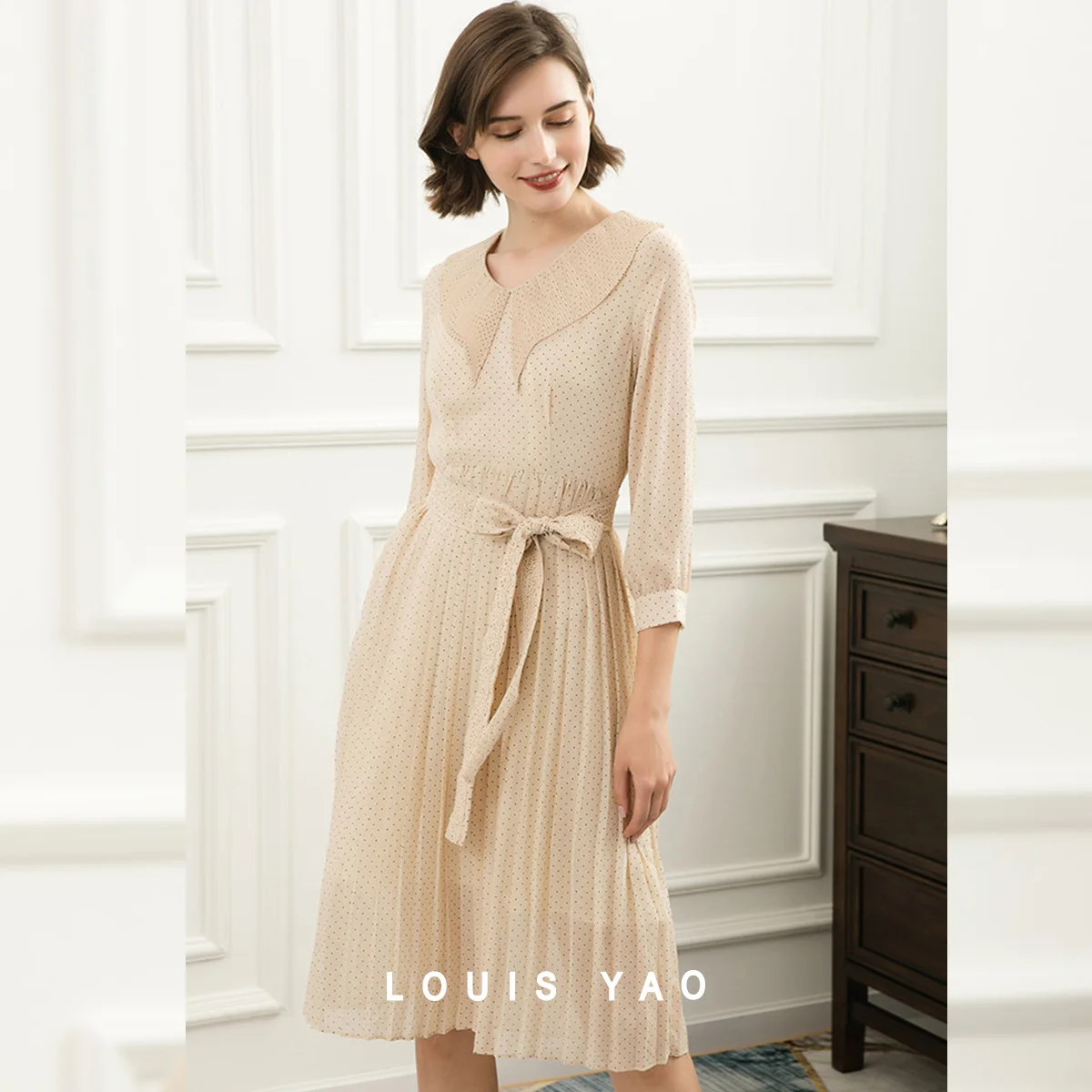 

LOUIS YAO High Quality Polka Dot Chiffon Long Dress 2025 Spring Autumn Floral Belt Lace-up V-neck Women Dress New Chic