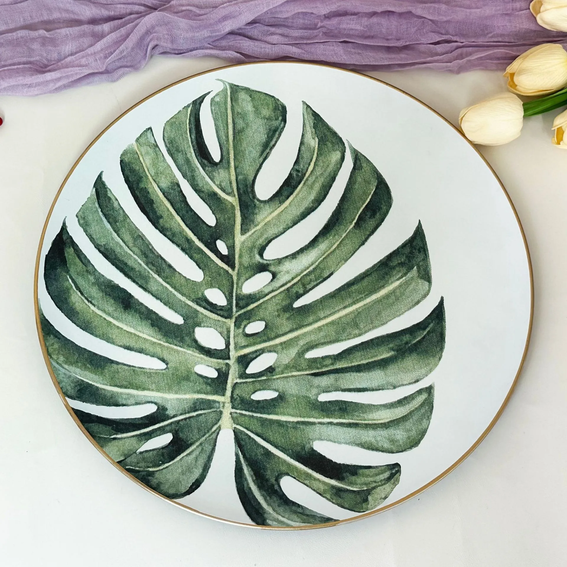 

100PCS Charge Plate 13 Inches White Monstera Leaf Ceramic Plate Wedding Centerpieces Event Party Decoration Tableware Tray