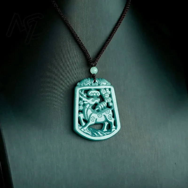 Blue Water Emerald Burmese A Emerald Jade Sika Deer Pendant Amulets Jewelry fashion Certificate Gifts for Women Men Natural 4