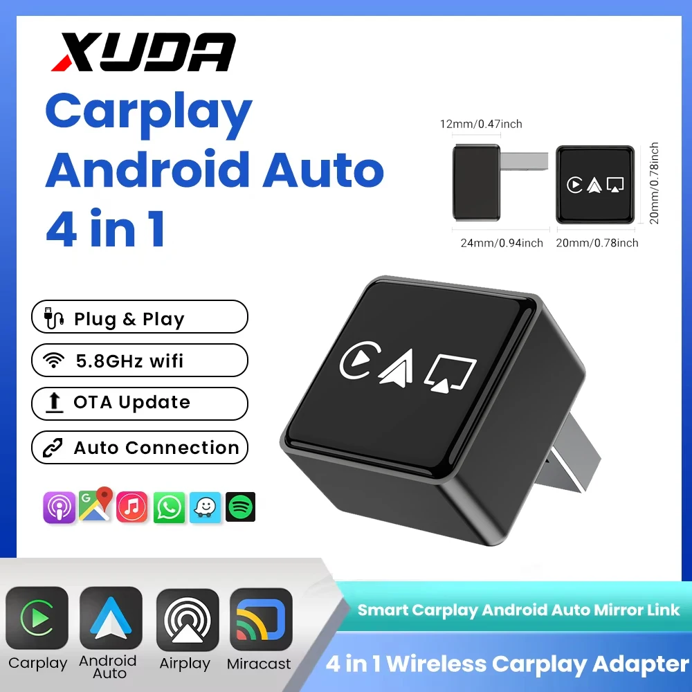 

4-in-1 Wireless Carplay Android Auto Mirror Link Airplay Adapter Plug&Play Low Latency For Audi Benz Volvo VW Ford Citroen MG