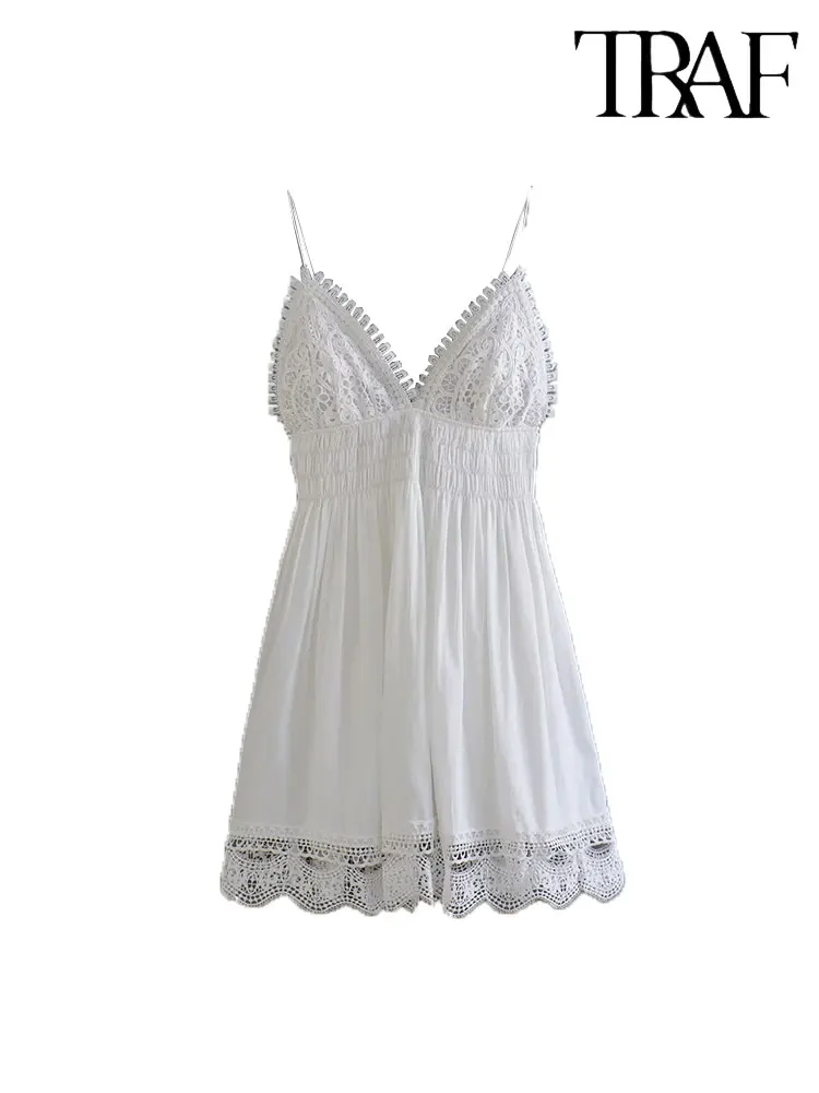 TRAF 2023 Summer New Dress Women\'s White Casual Chic Sexy Backless Crochet Embroidery Decoration Short Sling Dress