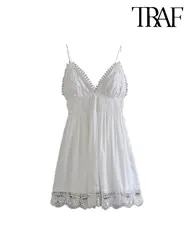 TRAF 2023 Summer New Dress Women's White Casual Chic Sexy Backless Crochet Embroidery Decoration Short Sling Dress