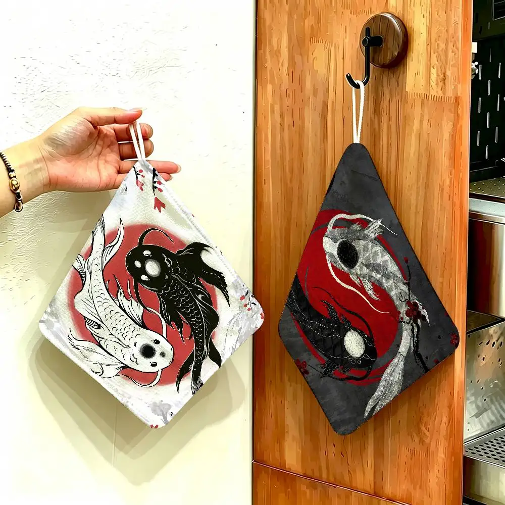 Chinese Tai Chi Bagua Yin Yang Polyester Cotton Hanging Kitchen Towel, Skin Friendly Hand Wiping Towel for Hotel Cafe Household