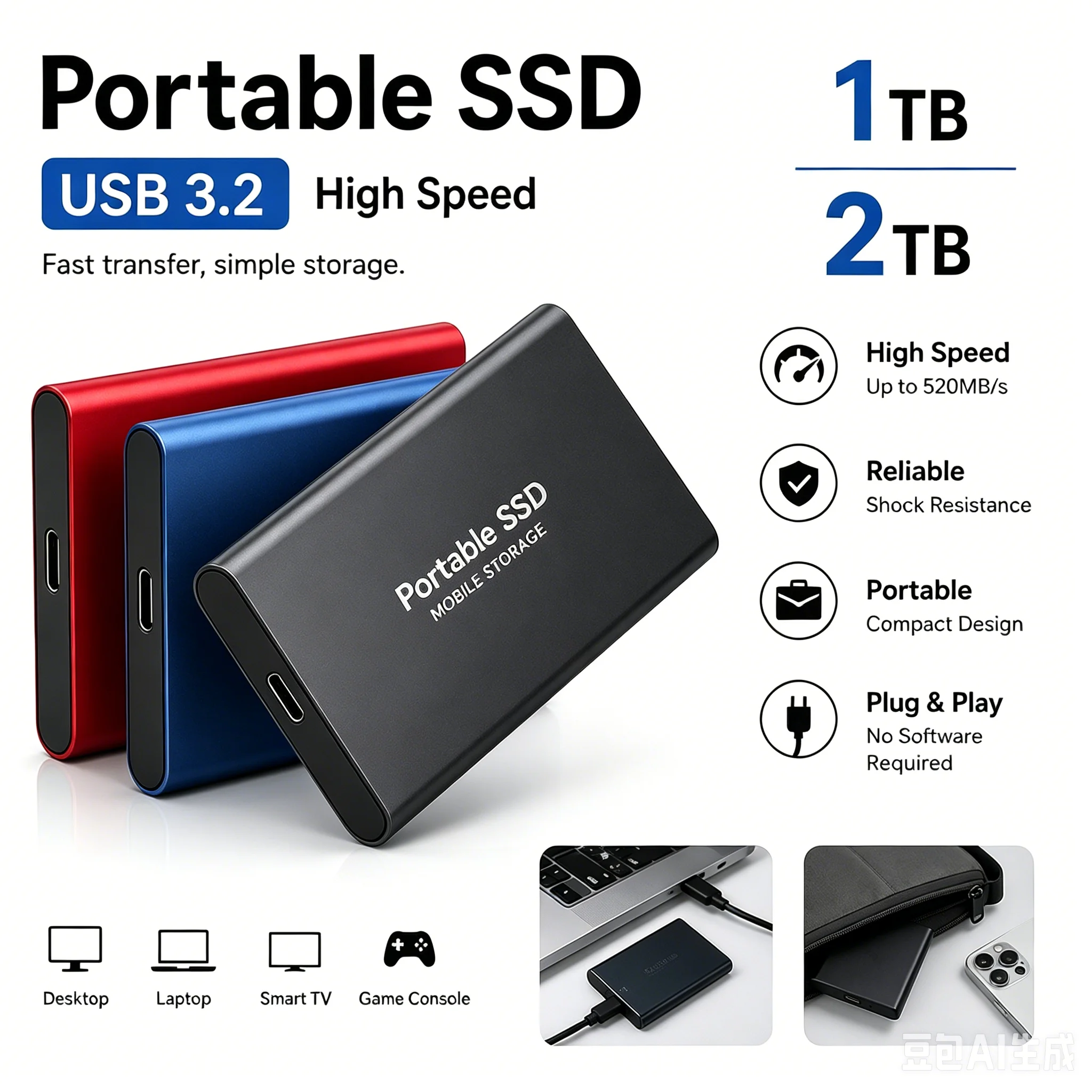 External SSD Slim Design 4TB Portable Hard Drive for Data Storage Backup