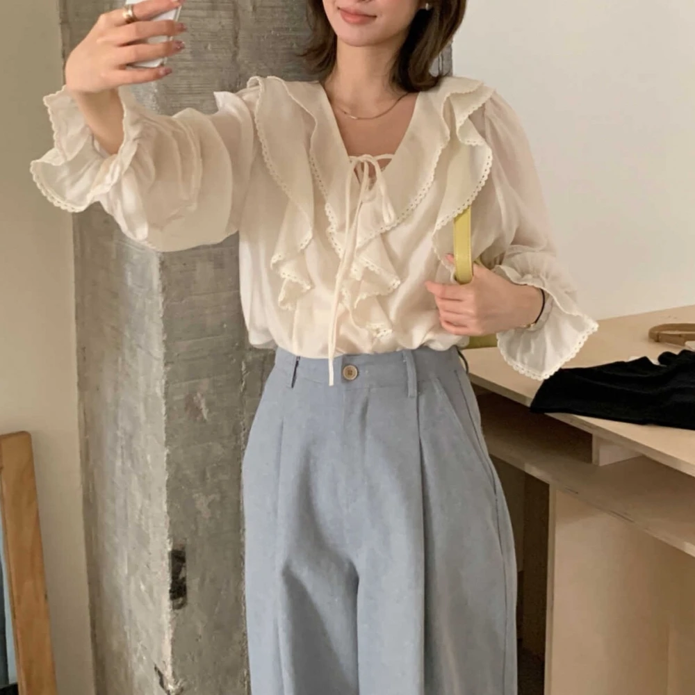 แฟชั่นหวาน Tencel เสื้อผู้หญิงเกาหลีฤดูใบไม้ผลิฤดูร้อน Ruffled เสื้อ V คอยาวแขนยาว Beige เสื้อ