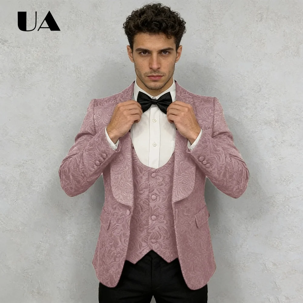 

Jacquard 3-Piece Suit Set for Men, Single Breasted Prom Suit Jacket Vest Pants Tailored Fitting Men's Wedding Suits