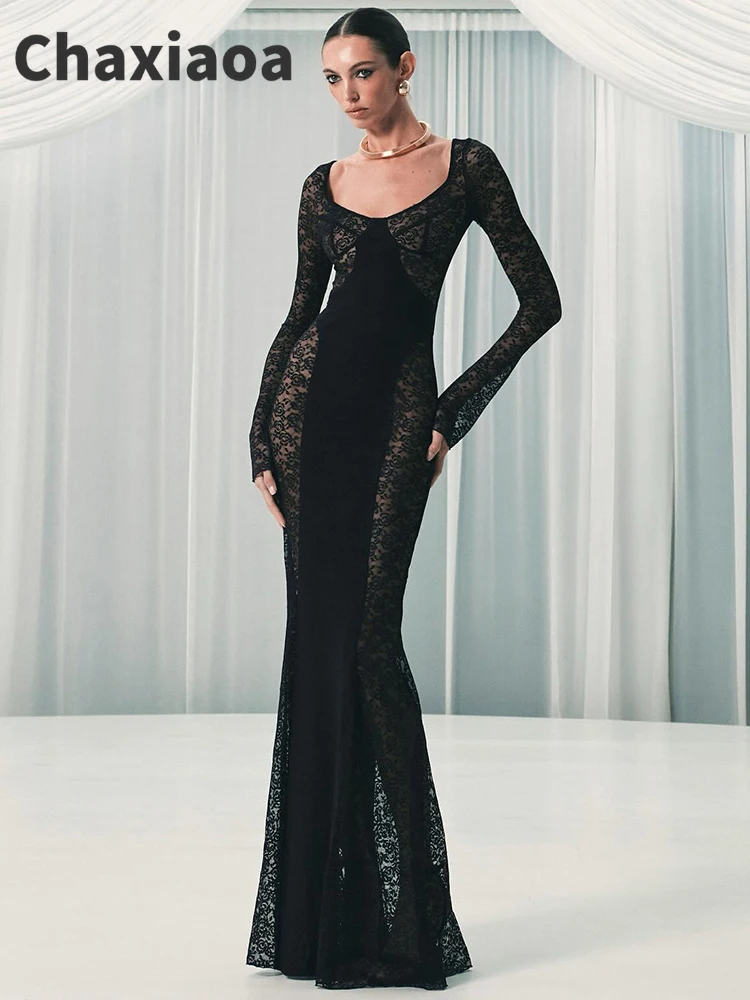 Chaxiaoa Kant Zien Door Sexy Maxi Jurk Vrouwen Jurk Elegante Sheer Patchwork V-hals Lange Mouw Bodycon Club Party Lange Jurken