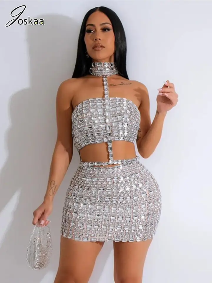 Joskaa Rhinestone 2-Piece Set Women Summer Clubwear