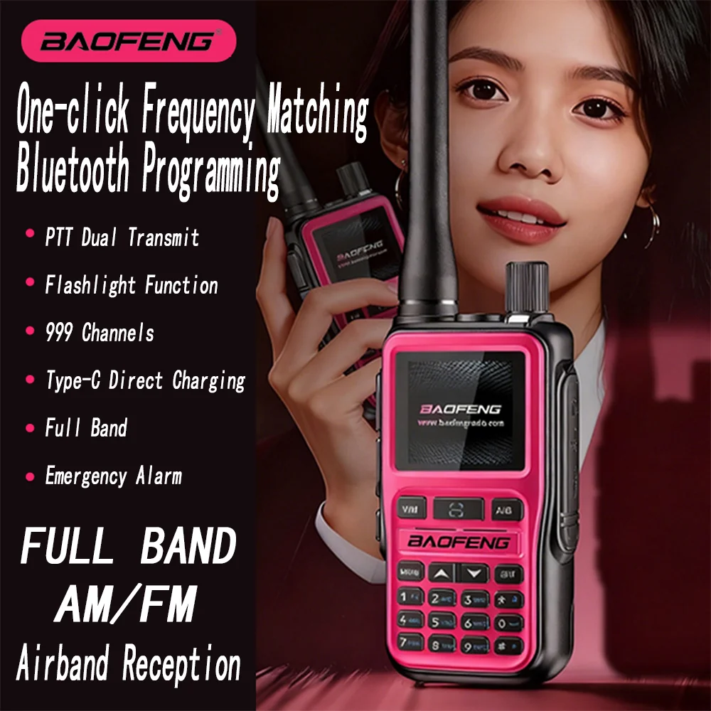 BAOFENG UV-5R Mini Pink Dual Band Two-Way Radio 5W/999CH  Bluetooth APP Programming NOAA Weather Alert Type-C Fast Charging1Pack