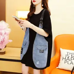 Fake Two Pieces Braces Denim Patchwork Pullovers Female Clothing Solid Color Summer Korean Loose Half Sleeve Midi T-shirt 2024