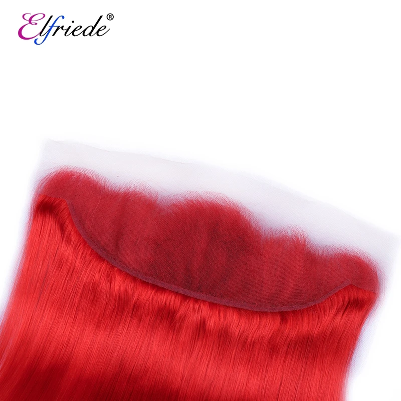 Elfriede #Red Straight 3 Bundles With Lace Frontal 13x4 100% Brazilian Human Hair Bundles with Frontal Transparent Preplucked