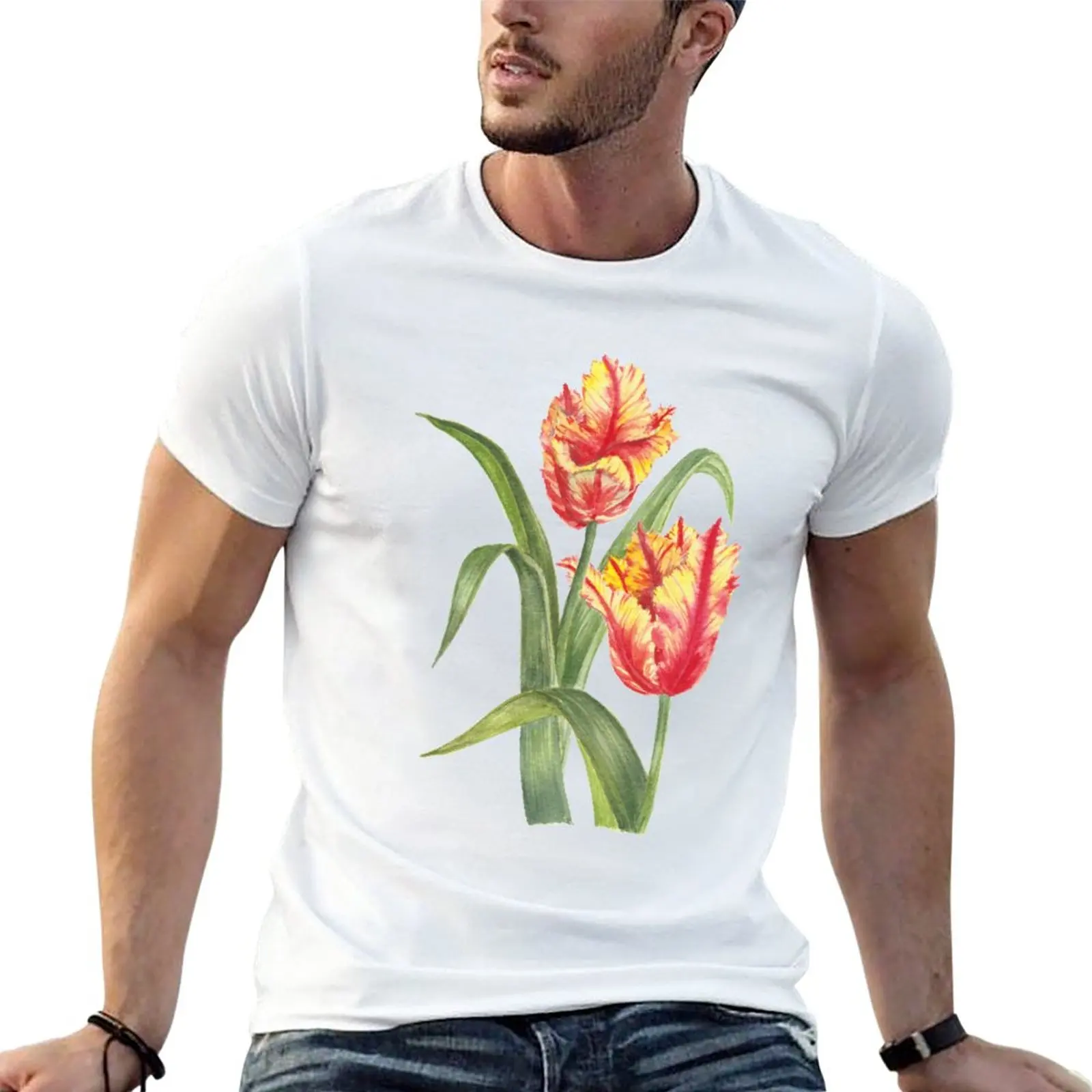 Watercolour Yellow Parrot Tulips Botanical Painting T-Shirt funny t shirt cute tops plus size tops heavyweight t shirts for men