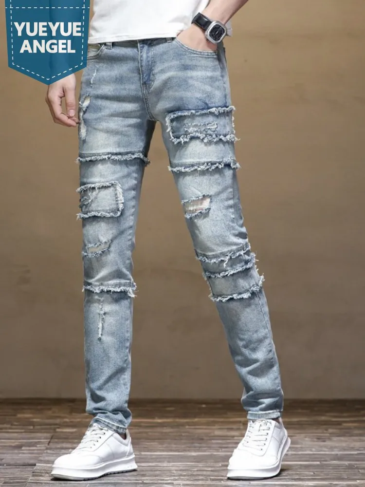 

Spring Autumn Street Men Casual Trousers Slim Denim Pants Spliced Tassels Hole Ripped Vintage Mens Jeans Elastic Pencil Pants